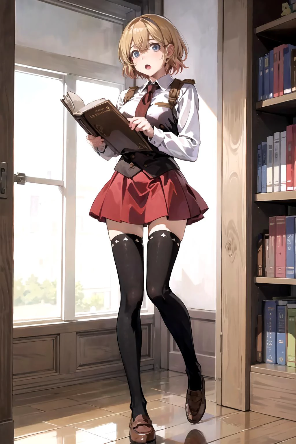 masterpiece, best quality, absurdres, incredibly detailed, official artwork, library,
BREAK
nm1,full body, <lora:bible_black_uniform_v5-000011:.5> bbuniform, thighhighs,surprised,holding a big book with two hands, bible \(object\), bible black, pentagram,