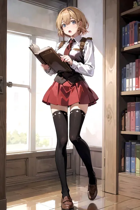 masterpiece, best quality, absurdres, incredibly detailed, official artwork, library,
BREAK
nm1,full body,  <lora:bible_black_uniform_v5-000011:.5> bbuniform, thighhighs,surprised,holding a big book with two hands, bible \(object\), bible black, pentagram,