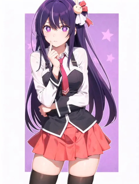 bbuniform, <lora:bible_black_uniform_v5-000011:.7> , <lora:HoshinoAi_v9:.7> Hoshino Ai, long hair, purple hair, streaked hair ,purple eyes, star-shaped pupils, hair ornament