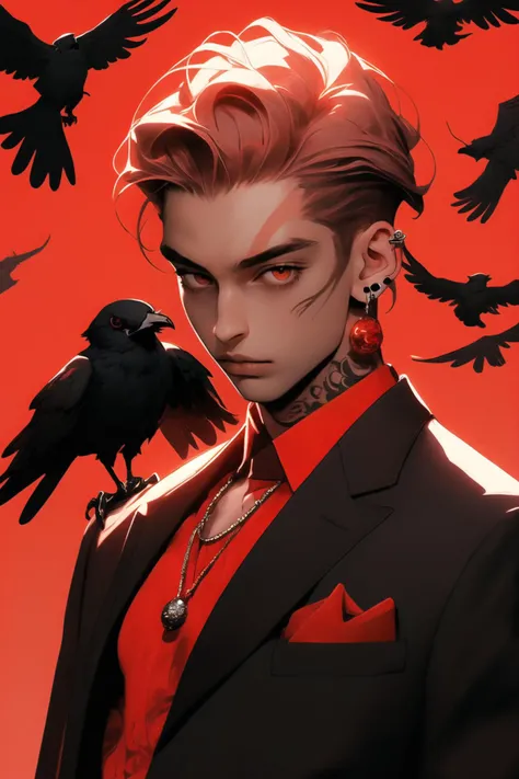 man, light skin, red tones, red eyes, crow on shoulder, black hair, short fur, focus on face, magic, Black Suit, red details, high quality image, 8k, focus on face, background birds in sky, Night magic neck tattoo