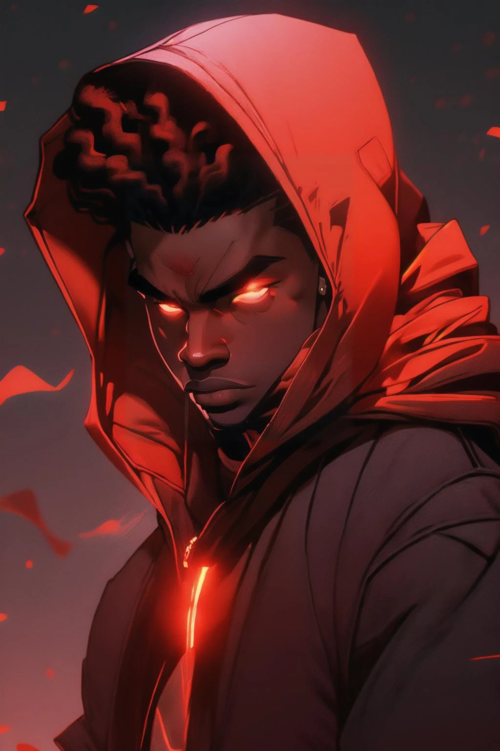 (red theme, red gradient,:1.2) redshift,red, solo, looking at viewer, black hair, red eyes, 1boy, jewelry, jacket, upper body, male focus, earrings, dark skin, hood, glowing, dark-skinned male, hood down, glowing eyes, dreadlocks <lora:redshift-10:1> <lora:add_detail:0.6>