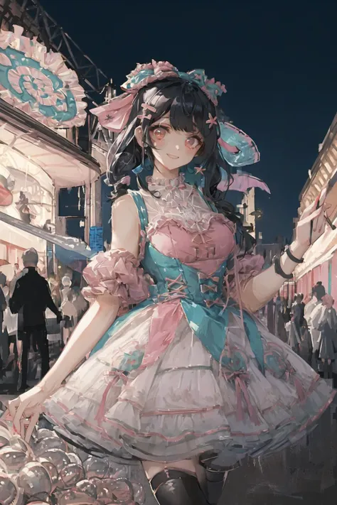 art by Cornflower, dreamy,
(masterpiece, incredibly absurdres, extremely detailed, best quality, 1girl, long black hair, blunt bangs, light smile, slim, full body, standing, looking at viewer, sweet_dress, white thighhighs, amusement park, night, night sky, dramatic lighting, <lora:sweet_dress_style2_v1:0.7>)  <hypernet:Cornflower_Mirage:1>