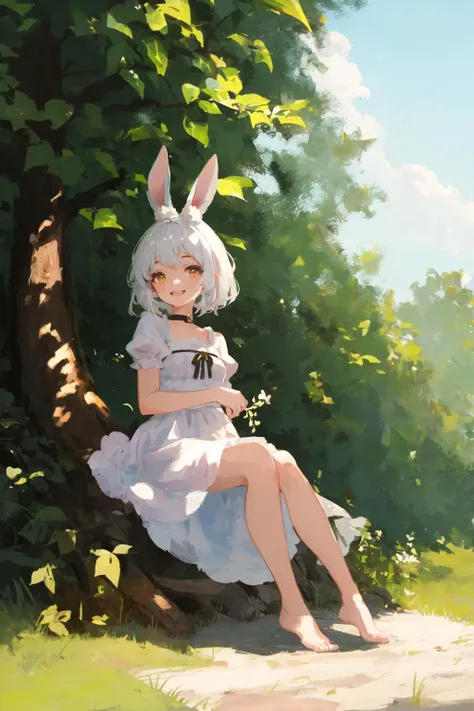 art by Cornflower, dreamy,
(best quality, high resolution, distinct image, 1girl, solo, animal ears, rabbit, barefoot, knees up, dress, sitting, rabbit ears, short sleeves, looking at viewer, grass, short hair, smile, white hair, puffy sleeves, outdoors, puffy short sleeves, bangs, on ground, full body, animal, white dress, sunlight, brown eyes, dappled sunlight, day, depth of field) <hypernet:Cornflower_Final:1>