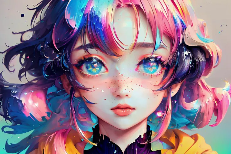 1boy, (pixel sorting:1.5), (heart pupil:1.5), solo, messy hair, cute, chubby, pastel hair, blue and pink highlights, clear eyes, warm light, soft dof, paint, blush, (freckles:1.5), rough skin, curly hair, glowing eyes, dead eyes, starry background, (looking at camera:1.5), best quality, amazing quality, dreamy aesthetic, absurdres, clarity, <lora:Beautiful_Eyes:0.8> <lora:detail_slider_v4:1.0> <lora:Pixel Sorting:1> <lora:KK_paperCut_v1:0.5>