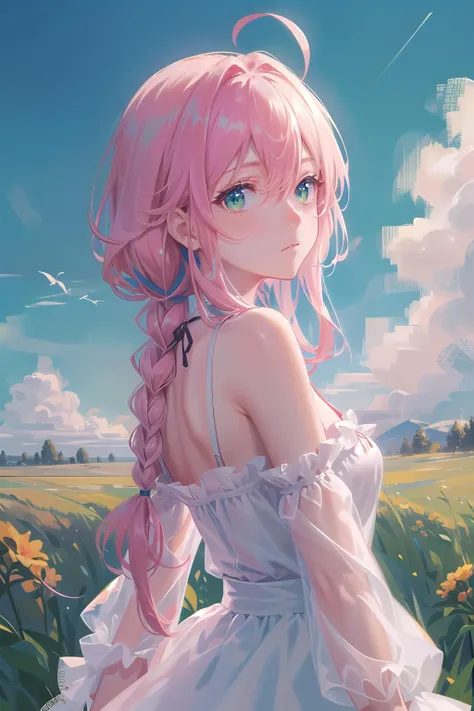 best quality,masterpiece,digital art,cinematic,1girl,),arm supportdark skin,upper body,solo,medium hair,braid,ahoge,pink hair,blue hair,hair between eyes,green eyes,expressionless,off shoulder,dress,grasslands,fields,cloudy sky.