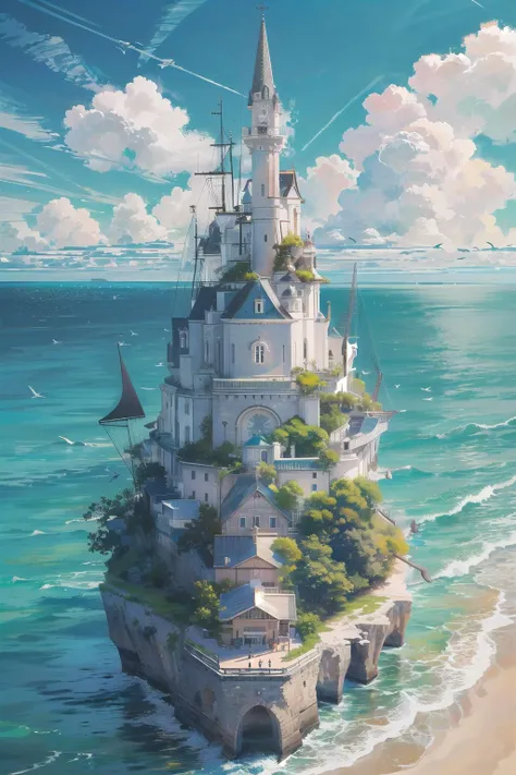 best quality,masterpiece,digital art,cinematic,shore,building,overgrown,ocean,cloudy sky,beautiful sea water.