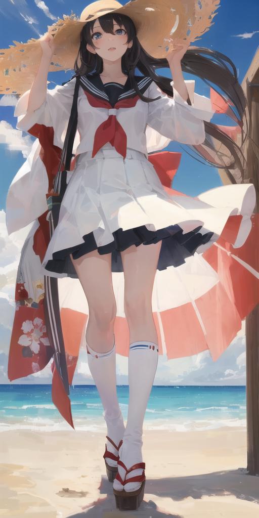 A woman in a white dress and hat standing on a beach - SeaArt AI