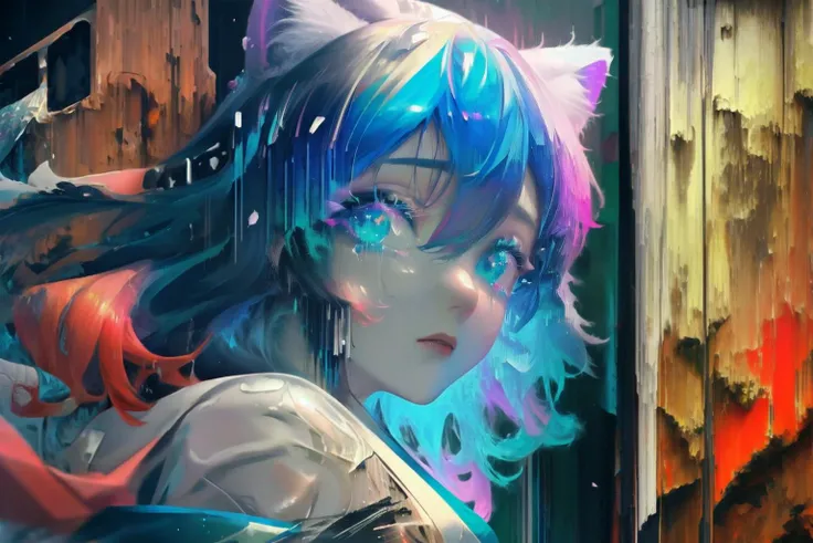 1girl, (pixel sorting:1.5), evening, solo, messy hair, cute, orange hair, blue highlights, azure eyes, cat ears, big breasts, warm light, soft dof, expressionless, glass, petals, rain, tears in eye, curly hair, glowing eyes, forest background, kimono, best quality, amazing quality, fantasy aesthetic, absurdres, origami, <lora:Beautiful_Eyes:0.75>  <lora:detail_slider_v4:0.5> <lora:wolf_cut:0.8> <lora:Pixel Sorting:1>