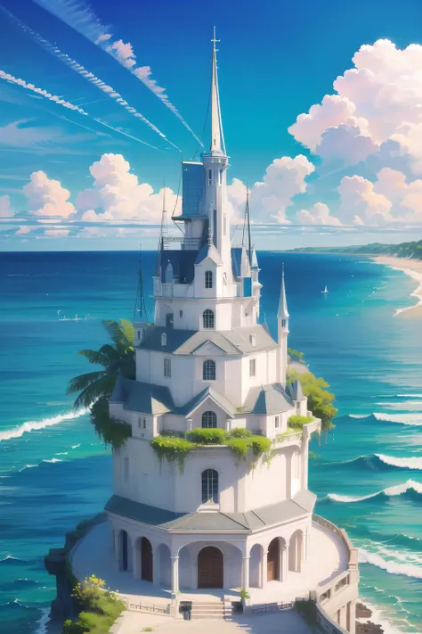 best quality,masterpiece,digital art,cinematic,shore,building,overgrown,ocean,cloudy sky,beautiful sea water.