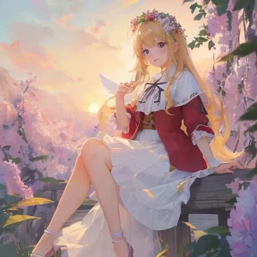 ((Best Quality, 8K, Masterpiece:1.3)), 1girl, lovely angel, flaxen hair, cherry-lipped beauty, sit on the flowering alfalfa, Singing With the lark, in the early morning , in the clear summer sun,