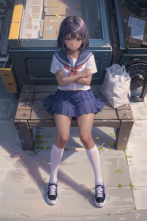 best quality,masterpiece,digital art,cinematic,1girl,),from above,dark skin,sitting,crossed arms,spread legs,medium hair,purple serafuku,mini skirt,white kneehighs,sneakers.
