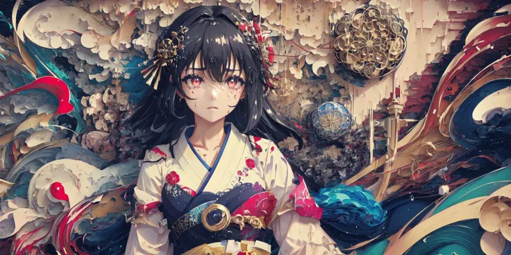 1girl, pixel sorting, night, solo, messy hair, cute, {{black hair}}, torso, medium breasts, expressionless, serious, {{narrowed eyes}}, water, rain, red eyes, tears in eye, curly hair, mentally ill, menhera, blood, glowing blood, glowing eyes, sitting on ground, shrine background, swirling pupils, swirled pupils, kimono, {{hatching (texture)}}, best quality, amazing quality, vintage aesthetic, absurdres, origami, <lora:Beautiful_Eyes:0.65> <lora:KK_paperCut_v1:0.5> <lora:Pixel Sorting:1>