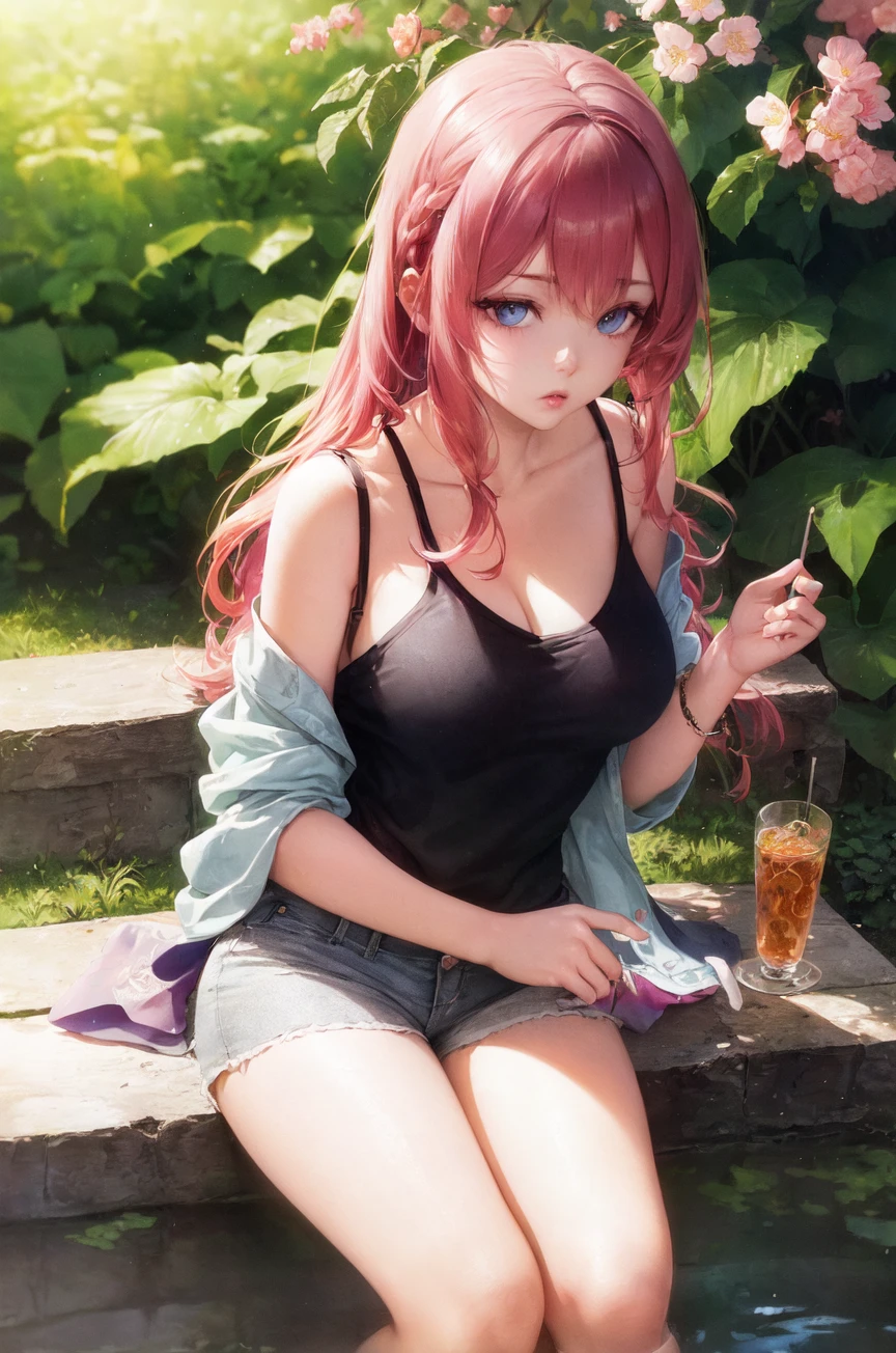art by yaguru magiku, (001glitch-core, dreamcore), 8sconception, alberto-mielgo, anime-background-style-v2, Super Quality, Vaporwave,Synth Wave,weirdcore, dreamy, full body (hd photograph of a pretty girl with blue hair, wearing a tank top and shorts, relaxing under a cherry blossom tree, summer day, in the style of ilya kuvshinov, dramatic lighting, fantasy, intricate, elegant, highly detailed, lifelike, photorealistic, digital painting, bokeh, hdr, high resolution, artstation, concept art, smooth, sharp focus, art by krenz cushart and albert aublet) Visual effects:movie lights, [[red, blue, green, yellow, black, white, pink, purple, cowboy shot, ((colorful)), ink and wash painting, delicate and beautiful girl, ((illustration)), ((floating hair)), ((chromatic aberration))]]    <lora:dpep2 ep2:0.25>