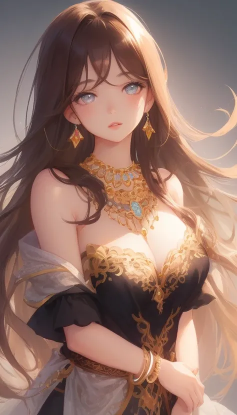 1girl, jewelry, earrings, long hair, solo, necklace, upper body, gradient background, lips, brown hair, gradient, grey background, bare shoulders, realistic, looking at viewer