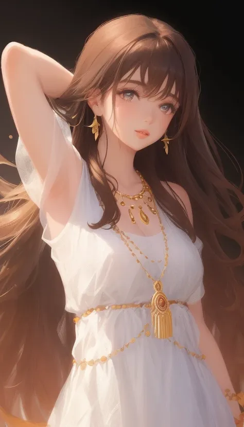 1girl, jewelry, earrings, long hair, solo, necklace, upper body, gradient background, lips, brown hair, gradient, grey background, bare shoulders, realistic, looking at viewer