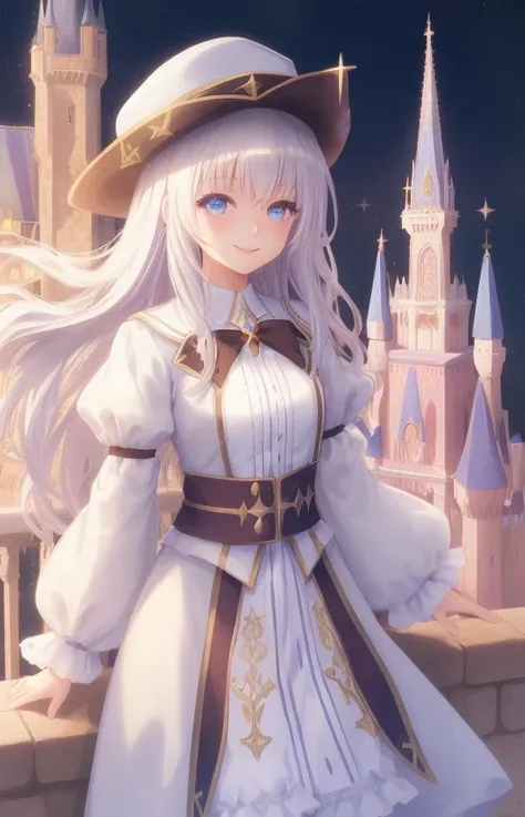 magic girl,castle background ,{1girl},{beautiful detailed eyes},cinematic lighting, brown eyes , white hair ,magic hat,long hair, bright eyes, smile,{sparkling anime eyes}