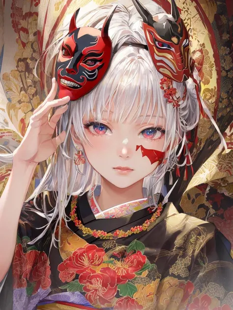 masterpiece, extremery magnificent view, extremery best quality, extremery detailed CG, high resolution, highly detaiiled face, highly detaiiled eyes,perfect anatomy,super detailed skin,  8k wallpaper, perspective, 4 finger,1 thums, (colorfulness, chroma, saturation:1.3), beautiful landscape, (full body:1.3), (beautiful face:1.5),
(1 little girl), (solo), (petite, 10 years old:1.5), dynamic angle, dynamic angle,red eyes,white hair,long hair,straight hair,side blunt bangs, (oni mask:1.5),Japanese style,Japanese clothes,beautiful detailed eyes, red spider lily, (photorealistic, hyperrealistic:1.5),  tabi, sash, kimono, floral background,  floral print kimono,