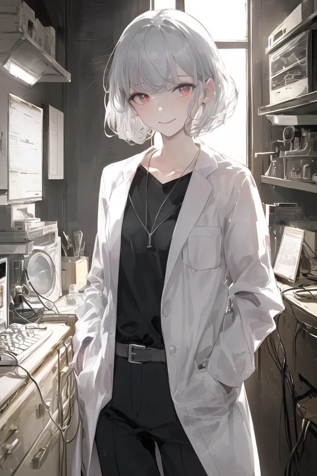 art by Cornflower, dreamy
(flat color, (masterpiece:1.5), (best quality:1.5), amazing, beautiful detailed, extremely detailed wallpaper, extremely detailed CG unity 8k wallpaper, extremely delicate and beautiful, finely detailed, extremely detailed wallpaper, fantasy, official art, detailed background, (beautiful detailed shadow: 1.5, cinematic lighting, backlight), [((symmetrical geometry, science fiction: 1.5, vacuumpunk: 1.5, 1960s (style): 1.5, ArtDeco), (control room, nixie tubes: 1.8, machines, silver, metallochrome, wires, vacuum tubes, old computers, simple screens))::0.75], [((solo: 1.5), (1 girl), (age girl, cute, extremely detailed eyes and face, clear eyes, clear face, white medium hair, red eyes, white lab coat: 1.5, hands in pocket: 1.5, black shirt: 1.5, black trousers, looking at viewer, light smile: 1.3, cropped torso: 1.8, medium close up: 1.5, waist shot: 1.5), depth of field): 0.25])