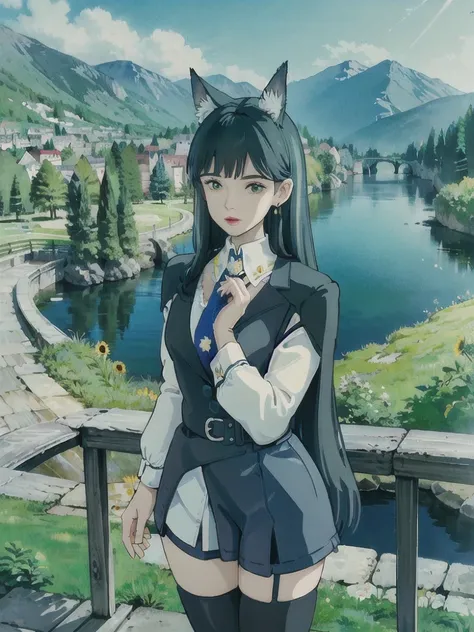 cornflower, dreamy,realistic, 1girl, Omertosa, head, day light, industrial,((field, spring, green trees,cherry blossom trees, tulips, sunflowers, ((green trees)),bird, squirrels, butterfly, rabbit, sheep, sky with lots of clouds, forests, rivers, small hills, lakes, soft and bright light, morning sunshine, yellow sun, outdoor concerts)), shiny eyes,beautiful eyes,elegant eyelashes,beautiful face,full body, hair dressing, long hair, black hair, black shirt, white shirt, tie, leather tie, silk tie, student dress, open jacket, leather jacket, leather skirt, pleated skirt, short skirt, belt, cat ears, jewelry, pony tails, bright eyes, light eye makeup, puffy eyes, medium lips, lipstick, dark lipstick, dimple, thin face, beautiful face, earrings, feminine, (looking at viewer:1.2), medium breasts, slim waist, long legs, pretty legs, thigh lace bands, real skin texture, shinny skin, oily skin, posing, supermodel, most viewed, nikon d850 f/1.4 58mm, AF-S NIKKOR 58mm f/1.4G, detailed shadow, (realistic, photo-realistic:1.37),(sharp focus:1.2),(ISO high), (masterpiece,best quality), professional lighting, ultra high res, (ulzzang-6500-v1.1:1) <lora:arknightsTexasThe_v10:1> <lora:japaneseDollLikeness_v10:0.5>,Black pantyhose, <lora:studioGhibliStyle_offset:1> <hypernet:Cornflower_Phantom:0.6>