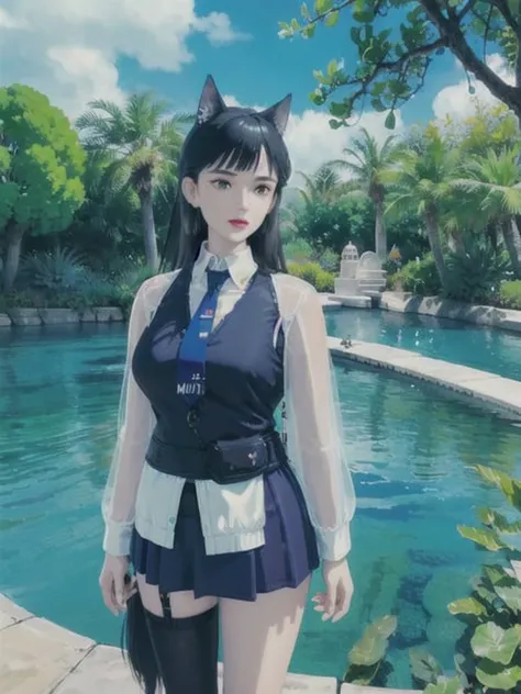 1girl, Omertosa, head, outdoor, day light, industrial, beach side, tourist (full body: 0.65), hair dressing, long hair, black hair, black shirt, white shirt, tie, leather tie, silk tie, student dress, open jacket, leather jacket, leather skirt, pleated skirt, short skirt, belt, cat ears, jewelry, pony tails, floating hair, bright eyes, eye makeup, puffy eyes, medium lips, lipstick, dark lipstick, dimple, thin face, beautiful face, detailed face, earrings, feminine, [:(detailed face:1.2):0.2],(looking at viewer:1.2), medium breasts, slim waist, long legs, pretty legs, thigh lace bands, real skin texture, shinny skin, oily skin, posing, supermodel, most viewed, nikon d750 f/1.4 55mm, detailed shadow, (realistic, photo-realistic:1.37),(sharp focus:1.2),(ISO high), (masterpiece,best quality), professional lighting, ultra high res, (ulzzang-6500-v1.1:1) <lora:arknightsTexasThe_v10:0.8> <lora:taiwanDollLikeness_v10:0.5>

 <lora:studioGhibliStyle_offset:1>