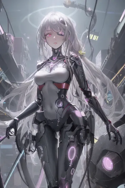 <lora:nemesisFromTowerOfFantasy_nemesisV1:.75>, Cyberpunk-inspired art by Cornflower featuring an original masterpiece transformed into a Cyberpunk-themed artwork with perfect details and a beautiful, clear background (Unity CG 8K wallpaper:1.05) and depth of field (0.75). A sexy, black-clad young woman with long silver hair and a neon flower head ornament (1.1) stands in the midst of an abandoned Cyberpunk city (1.25) under a neon-lit (1.1) sky in the (spring:0.45):1.1. Her proportions are adjusted to be more realistic, and her detailed beautiful eyes (1.2), stunning face (1.2), silver hair blowing in the Cyberpunk wind (1.05), and striking green eyes (1.1) add to her alluring presence. However, she is not alone in the abandoned city, as she is being approached by a group of terrifying monsters. Despite their menacing presence, the girl shows no fear and instead gives them a fierce, angry expression. Her expression contrasts with the peaceful rainbow behind her and emphasizes her determination to face the monsters head-on.