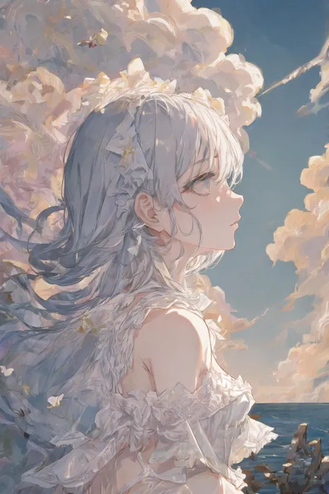 art by Cornflower, dreamy, <hypernet:Cornflower_Phantom:1.0>
(best quality, masterpiece, highres,cinematic lighting, volume lighting,contour deepening,(backlighting),profile,extremely detailed 8K wallpaper, 1girl,loli ,chiffon dress,an extremely delicate and beautiful,beautiful detailed eyes,white_hair,[[long_hair]],medium_breasts,(cumuliform cloud:1.35),(beautiful detailed cloud),Blue Butterfly,upper body)<hypernet:yukoring:0><lora:Cornflower-000001:0>
