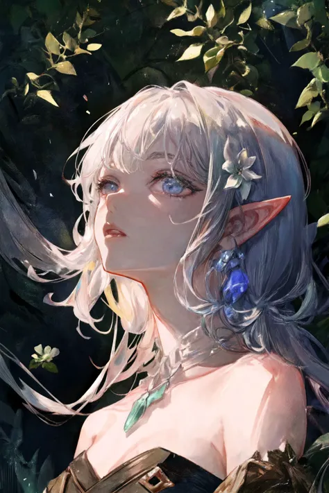 art by Cornflower, dreamy, <hypernet:PhantomHypernetworkFor_phantom:1> ((extremely detailed CG unity 8k wallpaper),(masterpiece), (best quality), (ultra-detailed), (best illustration),(best shadow), (an extremely delicate and beautiful), dynamic angle, floating, finely detail, (bloom), (shine), glinting stars, classic, (painting), (sketch), Taisho steampunk, (steampunk:1.2)), full body, 1girl,portrait, elf, pointy ears, priestess, fantasy,glistening skin, crystal, jewelry, necklace, flower, eyelashes, collarbone, beautiful, detailed eyes, shiny lips, looking at viewer, forest (masterpiece, high quality:1.2) <lora:nonHentaiElfRangerDruid_v10:0.6>, bloom, ambient occulsion, (druid:1.2)