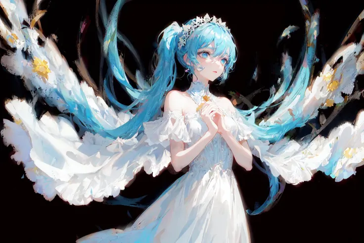 [(black background:1.5)::0.3], hexagon, mid shot, full body, (( Illustrations)), ((High Quality Hands)), Finger details,(hands behind body),((Masterpiece, Writing)), CG, 8K, 4k,Ultra Clear, Hatsune Miku, Sun Above Center, Thick Painted Style, Crayon, High Quality Clouds, Light and Shadow, Ray Tracing, Flowing Hair, Hair Strands, Tyndall Effect, High Quality Light, Light Shining on Dress, Off-the-Shoulder,Blue Eyes, Extremely Detailed Eyes, Beautiful Eyes, Nonchalant Expression, Sky Background, White Dress, Black Tie, white Skirt, Double Ponytail, Garland on Head, Look to the Left, Hands Crossed, Blue Sky, <hypernet:PhantomHypernetworkFor_phantom:1>,  Cornflower