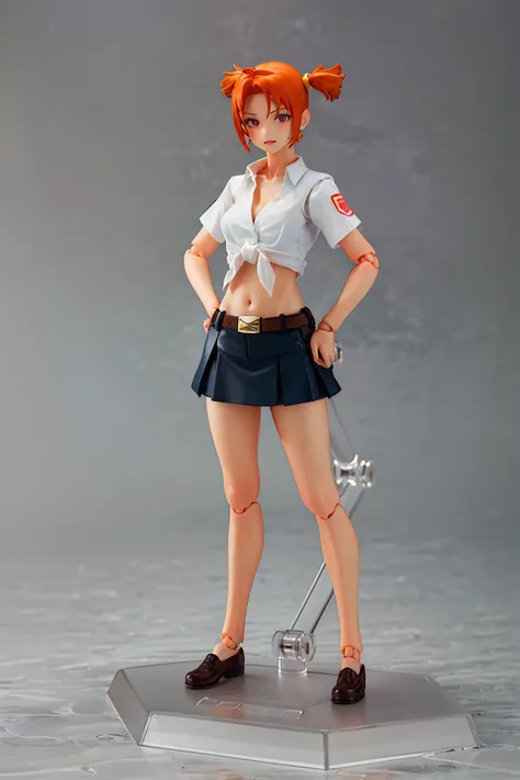 (masterpiece, best quality, absurdres, foreshortening, fisheye:1.2), photo of a highly detailed (figma) of AliceDV, 1girl, solo, [realistic], rendered in blender, full body, standing, hand on hips, midriff, (orange hair:1.1), cleavage, belt, tied shirt, (short twintails:1.1), navel, skirt, white shirt,  large breasts, (short hair:1.1), grey background, grey floor, simple backgroung, orange eyes, angry