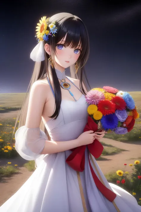 1girl, (stylized by Nickolas Muray:0.8) , colorful VRay, Rule of Thirds, best quality, wide angle of a Feral Futuristic Romanian ([Dwarf Planet Haumea:Wildflower bouquet:1]:1.3) , it is made from Exoplanet, it is anthropomorphic reimagined as a Morrowind game character, Dwarf planet background, crowded forest with Rose, Moon in the night, split diopter, ultrafine detailed, Sad, Europunk, broad lighting, F/14, Fujifilm Superia, caustics, taiji, photolab, extremely detailed CG Unity 8k wallpaper