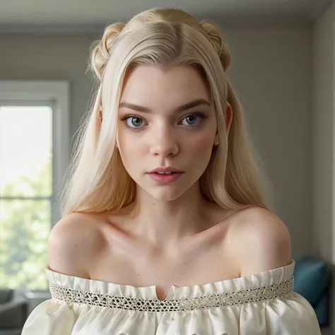 pov_interaction, gorgeous atjoy, white_off-shoulder_shirt, (high_detail intricate lifelike), eyes, familyroom
