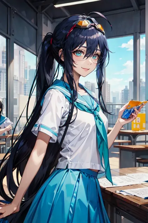 <lora:kitauji high school uniform_20240223014835:0.7> kitauji high school uniform, (goggles on head:1.1),, absurdres, ultra detailed, masterpiece, best quality, aesthetic, detailed,, katya1, solo, smile, 1girl, aqua eyes, black hair, <lora:low_ponytail-1.0:0.7> low ponytail, ahoge, absurdly long hair, very long hair, hair flaps, hair between eyes, bangs, crossed bangs, messy hair, small breasts, goggles on head, closed mouth,