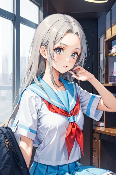 <lora:kitauji high school uniform_20240223014835:0.7> kitauji high school uniform,, absurdres, ultra detailed, masterpiece, best quality, aesthetic, detailed,, serious, 1girl, (white eyes:1.1), (grey eyes:1.3), white hair, very long hair, parted hair, parted bangs, <lora:parted_hair_v1.3:1.3>, medium breasts,