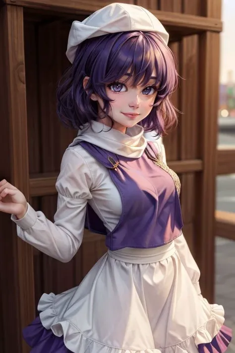 <lora:add_detail:0.75> <lora:copax_charm_eu:0.225> (photorealistic,masterpiece, best quality), face smiling, portrait,
letty whiterock,((purple hair, purple eyes)), hat, scarf, short hair, long sleeves,puffy sleeves,waist apron,skirt <lora:letty:0.8>