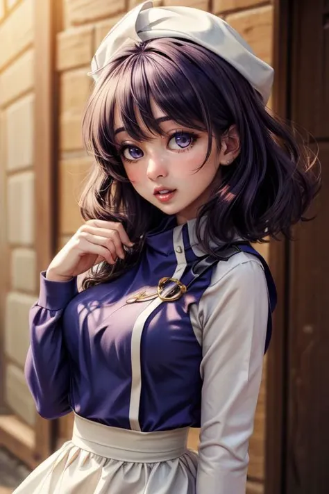 <lora:add_detail:0.75> <lora:copax_charm_eu:0.225> (photorealistic,masterpiece, best quality),  face surprised, upper body, 
letty whiterock,((purple hair, purple eyes)),  hat, scarf, short hair, long sleeves,puffy sleeves,waist apron,skirt  <lora:letty:0.8>