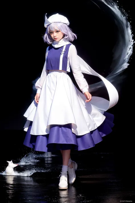 masterpiece, best quality, <lora:letty:1>,1girl,letty whiterock, hat, scarf, short hair, light purple hair, purple eyes, long sleeves,puffy sleeves,waist apron,skirt, full body