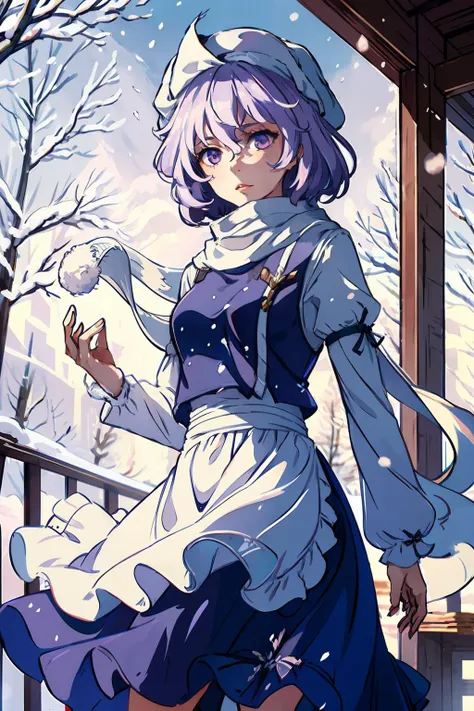 masterpiece, best quality,   <lora:letty:1>,outdoors,snow,1girl,letty whiterock, hat, scarf, short hair, light purple hair, purple eyes, long sleeves,puffy sleeves,waist apron,skirt,
