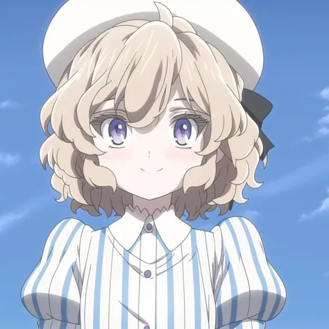 hires, (IwanagaKotoko, 1girl, close-up), sharp focus, sharp image, 8k highly detailed, upper body, beret, striped shirt, juliet sleeves, puffy sleeves, short sleeves, simple background, smile, blush, happy, masterpiece, collar, buttoned shirt, hair ribbon, sky, outdoors, clouds
