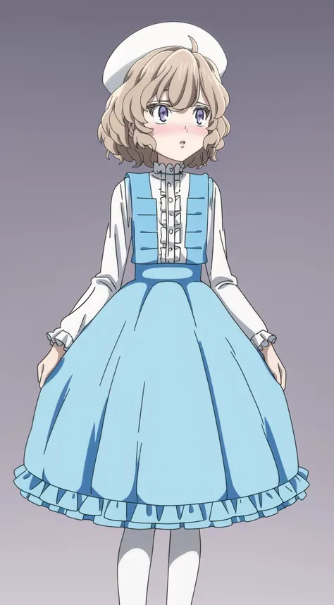 IwanagaKotoko, 1girl, close-up, suspenders, ((blue skirt)), (white shirt), beret, ((blush)), frills, suspender skirt, shirt, ((high-waist skirt)), long sleeves, white background, parted lips, frilled shirt, simple background