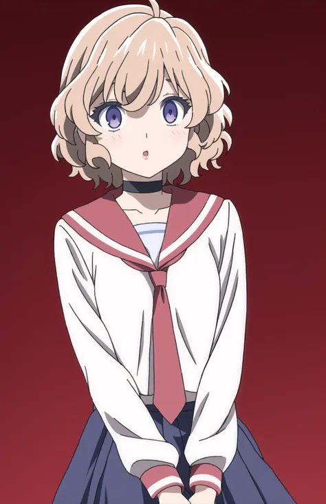 IwanagaKotoko, 1girl, cowboy shot, (white shirt, sailor collar), blue skirt, red tie, school uniform, collarbone, necktie, black choker, pursed lips, blush, choker, skirt, pleated skirt