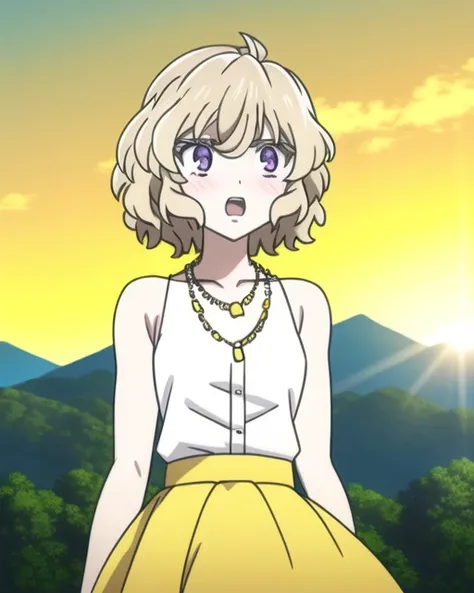 IwanagaKotoko, 1girl, upper body, (yellow skirt), (white shirt), high-waist skirt, yellow bow, ((bare shoulders)), ((yellow necklace)), (white collar), looking at viewer, collared shirt, embarrassed, open mouth, blush, outdoors, rocky landscape, blue sky, sun, mountainous horizon, hills, mountains, shirt, clouds, hires, 8k highly detailed, sharp focus
