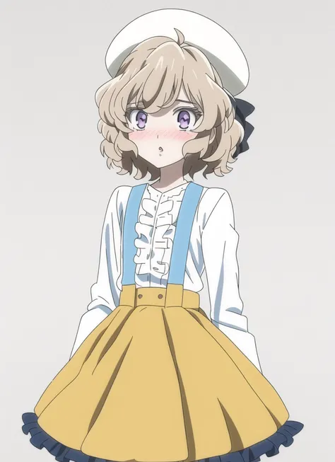 IwanagaKotoko, 1girl, cowboy shot, suspenders, shirt, beret, frills, (white shirt), suspender skirt, high-waist skirt, (blue skirt), long sleeves, white background, parted lips, frilled shirt, ((blush)), simple background