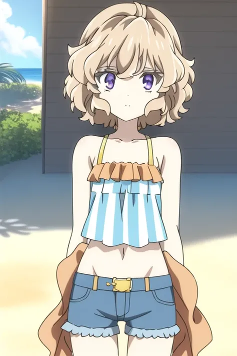 IwanagaKotoko, 1girl, crop top, shorts, jeans, blue shorts, frilled shirt, frills, vertical stripes, bare shoulders, beach, summer, sun, sandy beach, sand, <hypernet:Sayori (NekoWorks)[NAI] V1:0.5>