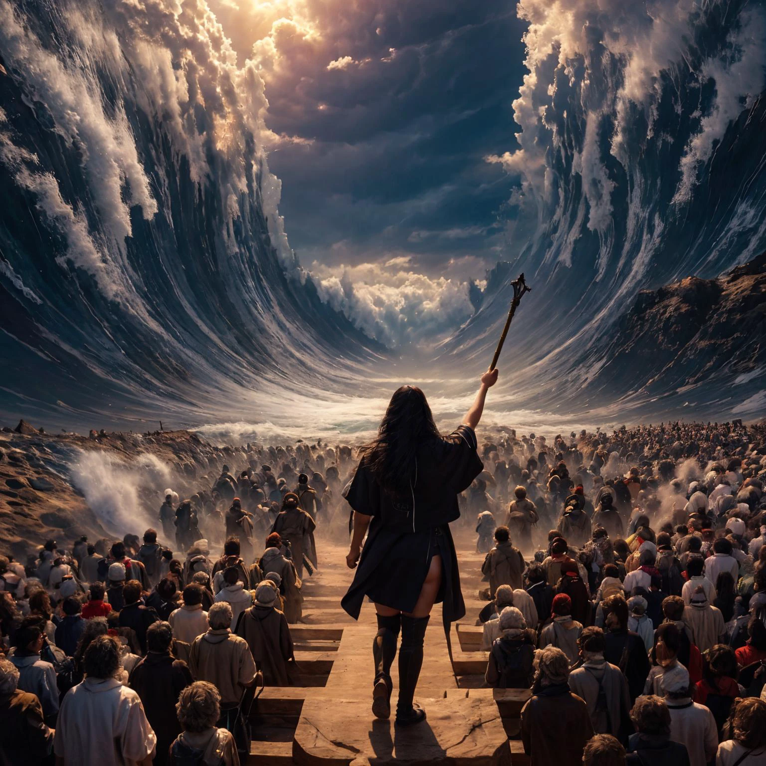 highres, 8k, absurdres, realistic, (1girl), black hair, long hair, lens flare, god_rays, (legging:1.5), (thighhighs:1.75), nsfw, contemporary,
(Sea_Split:1.85), sea split, waves, water, ocean, facing viewer, (crowd),
<lora:Part_Sea-000025:0.65> , <lora:JP_Girl-000011:0.35>