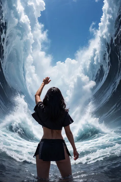 highres, 8k, absurdres, realistic, (facing viewer:1.5), lens flare, god_rays,
1girl, black hair, sexy legging, laced crop top,
(Sea_Split:1.55), sea split, waves, water, ocean,
<lora:Part_Sea-000025:0.55>