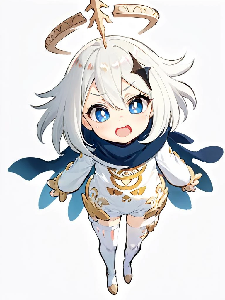 ultra-detailed,(best quality),((masterpiece)),(highres),original,extremely,1girl,<lora:Paymonx_xl:0.8>,(\pai meng\),tongue,halo,tongue out,solo,white background,dress,white dress,looking at viewer,simple background,blue eyes,scarf,thighhighs,long sleeves,cape,:q,single thighhigh,hair ornament,smile,bangs,bright pupils,hair between eyes,white thighhighs,