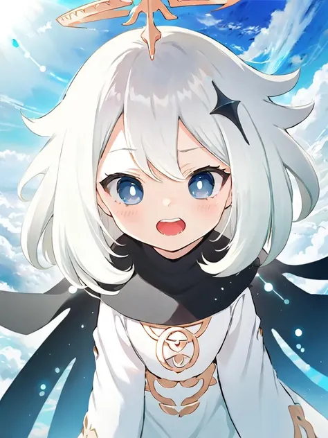 ultra-detailed,(best quality),((masterpiece)),(highres),original,extremely,1girl,<lora:Paymonx_xl:1>, (\pai meng\),1girl, upper teeth only, halo, white dress, solo, dress, hair between eyes, sky, open mouth, smile, bangs, teeth, day, long sleeves, cloud, blue sky, blush, outdoors, blue eyes, depth of field, blurry, looking at viewer, long hair, hair ornament, cape, blurry background, black cape