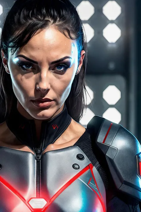 cassieL1 , ((best quality)), ((masterpiece)), (detailed), Midjourney Style, close-up, woman, robot, red eyes, concept art, inspired by Marek Okon, digital art, Crysis Nanosuit, futuristic, (glowing elements:1.1), 4:3 aspect ratio, dynamic duo