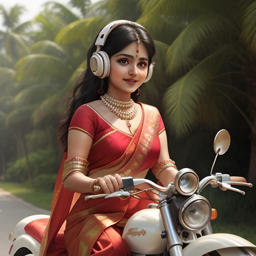 a cute indian girl 8 montndian clothes), cute, big (turquoise eye color: 0.1), innocent, silky hairs, 8mm, realistic, delicate, beautiful, riding cycle, wearing headphones, long sily hairs, wearing red saree, pearl jewellery around neck, cheerful, outdoors, detailed background, vibrant bright glowing contour, <lora:md:0.2> <lora:Btflindngds:0.1>