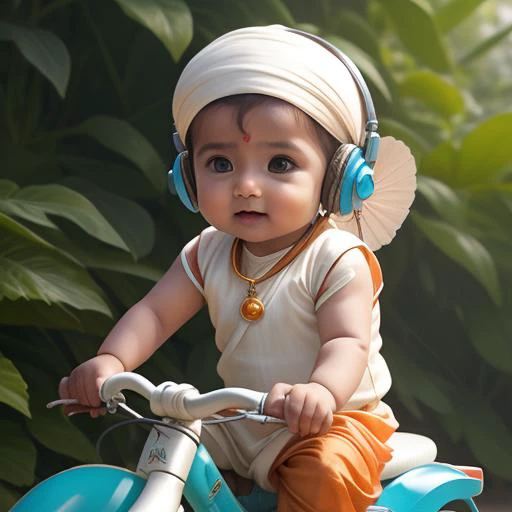 acute indian 8 montndian clothes), cute, big (turquoise eye color: 0.1), innocent, silky hairs, 8mm, realistic, delicate, beautiful, riding cycle, wearing headphones, wearing cap, wearing orange color dhoti, no clothes, pearl jewellery around neck, cheerful, outdoors, detailed background, vibrant bright glowing contour, <lora:md:0.4>